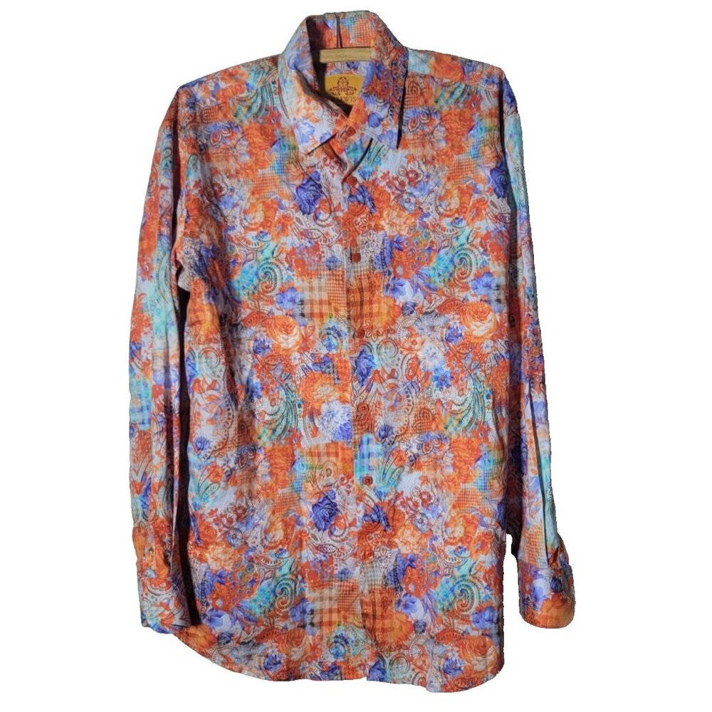 R. Lewis Orange Blue Contemporary Fit Size Large 100% Cotton Square Button Up